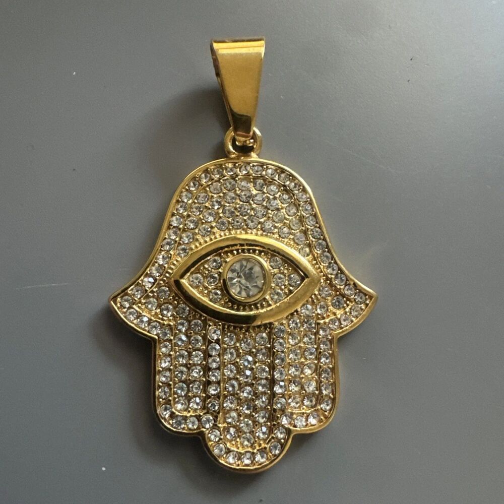 Gold Plated Hamsa Eye Cubic Zirconia Pendant 24 Inch Necklace Religious Faith